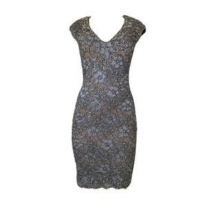 Baccio Couture Dress Floral Pewter Gray Swarovski Textured Sleeveless Sh…